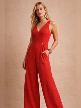 Explosion Red Sleeveless Wide-Leg Jumpsuit with Open Back + Tie Detail Size 36